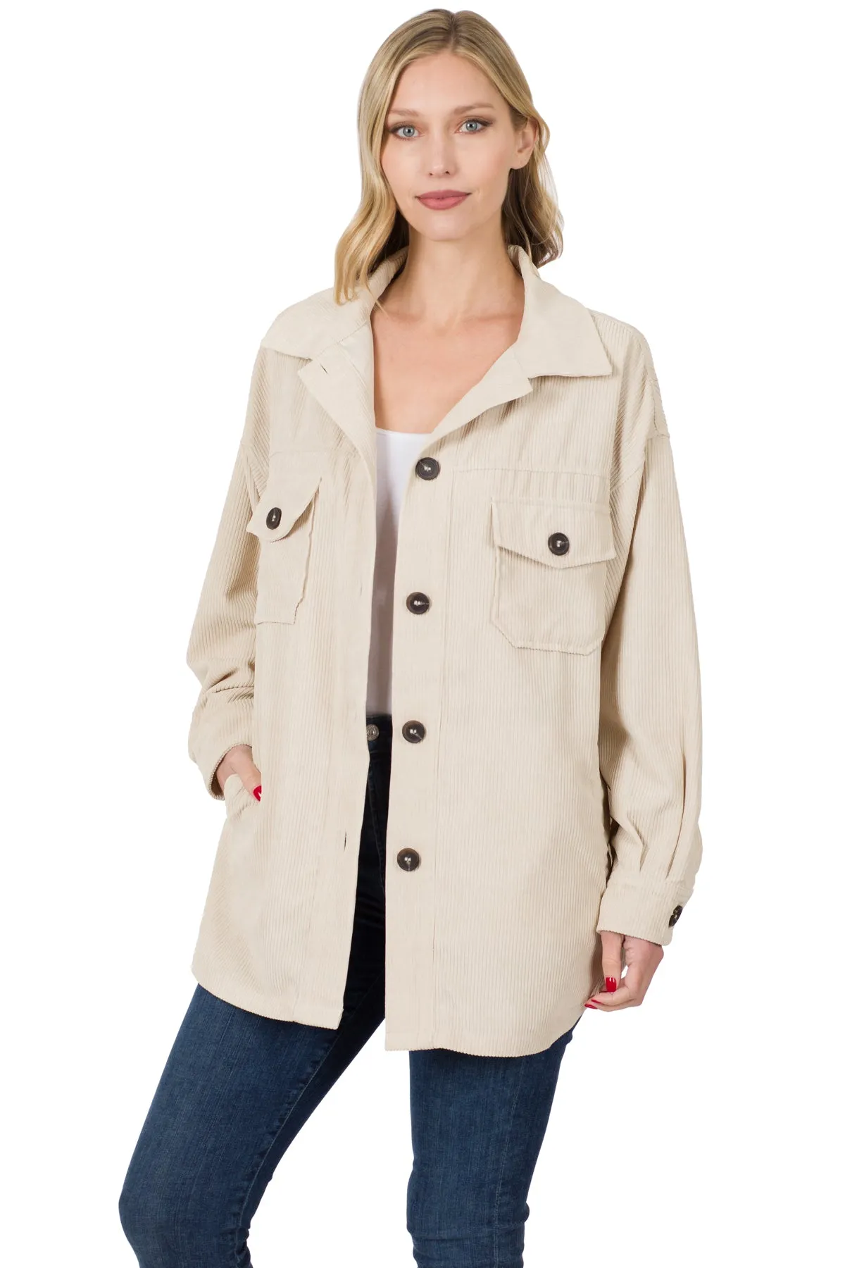 Relaxed Fit Corduroy Shackets In Burgundy, Sand Beige, Black