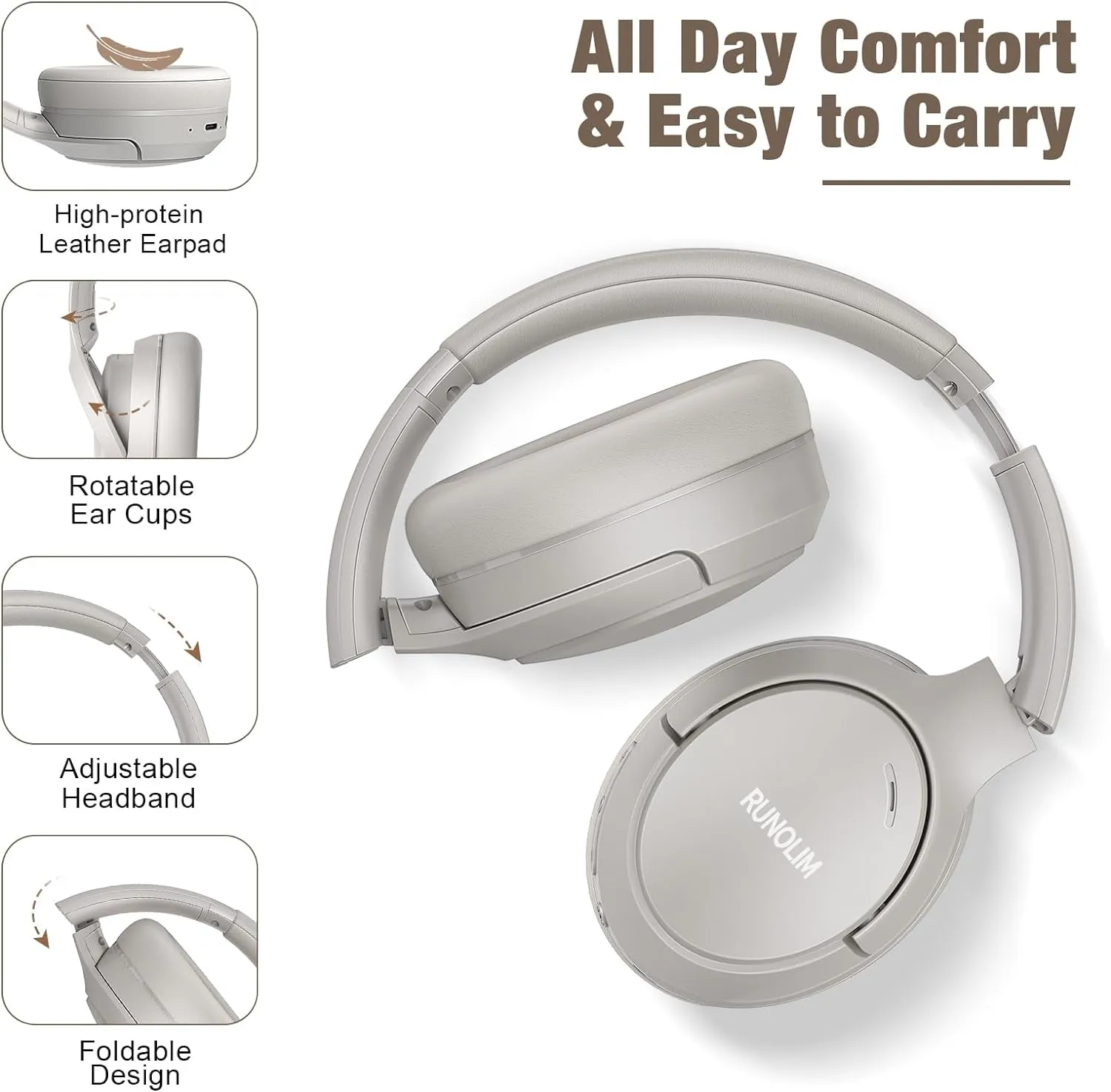RUNOLIM Hybrid Active Noise Cancelling Headphones, 65H Playtime, Built-In Microphone, Bluetooth Wireless over Ear Foldable Headphones with Hifi Audio, Home Travel Office