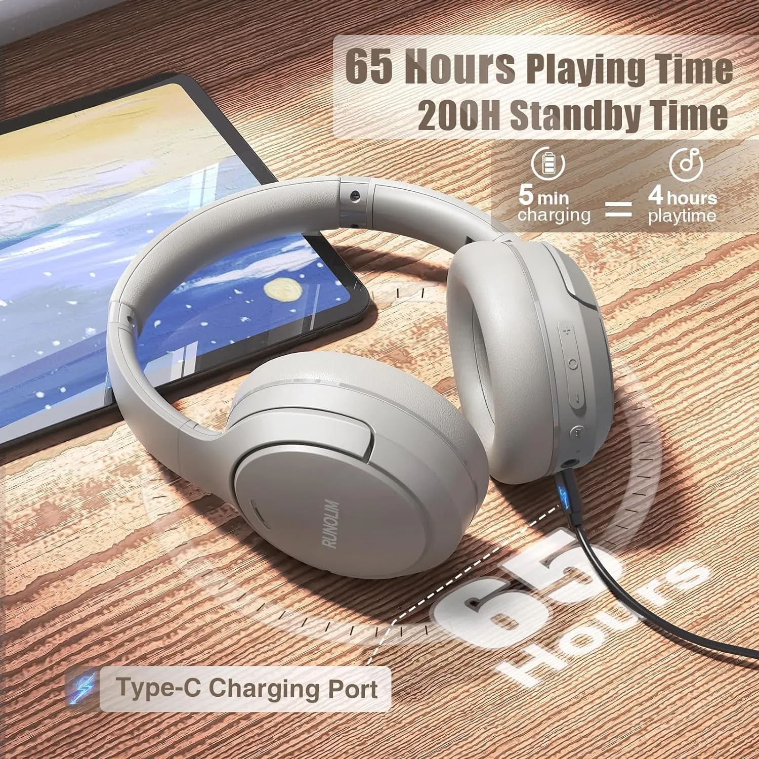 RUNOLIM Hybrid Active Noise Cancelling Headphones, 65H Playtime, Built-In Microphone, Bluetooth Wireless over Ear Foldable Headphones with Hifi Audio, Home Travel Office