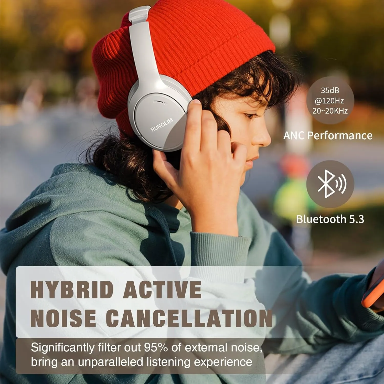RUNOLIM Hybrid Active Noise Cancelling Headphones, 65H Playtime, Built-In Microphone, Bluetooth Wireless over Ear Foldable Headphones with Hifi Audio, Home Travel Office