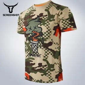 S11376-CHECKER CAMO TRENDY T-SHIRTS (OLIVE)