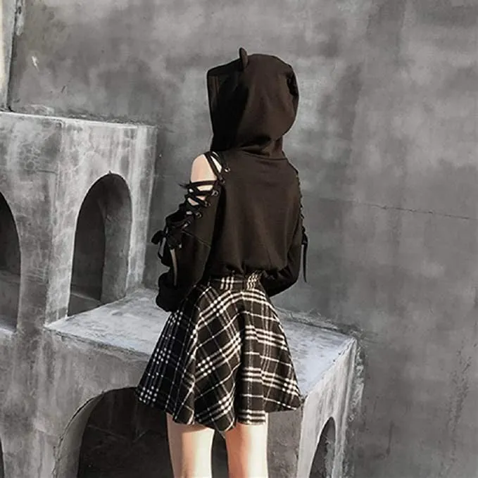 (Size L) Shoulderless Sweater Gothic Sweater Belly Hoodie with Cat Ears - Black