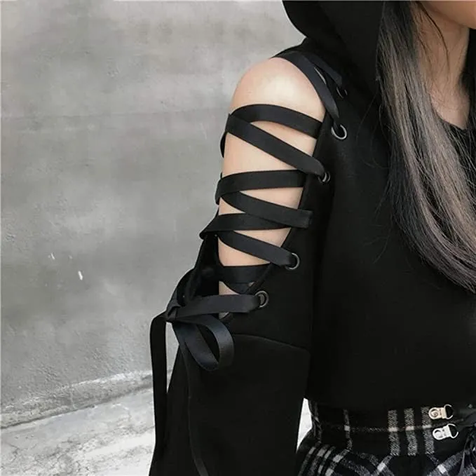 (Size L) Shoulderless Sweater Gothic Sweater Belly Hoodie with Cat Ears - Black