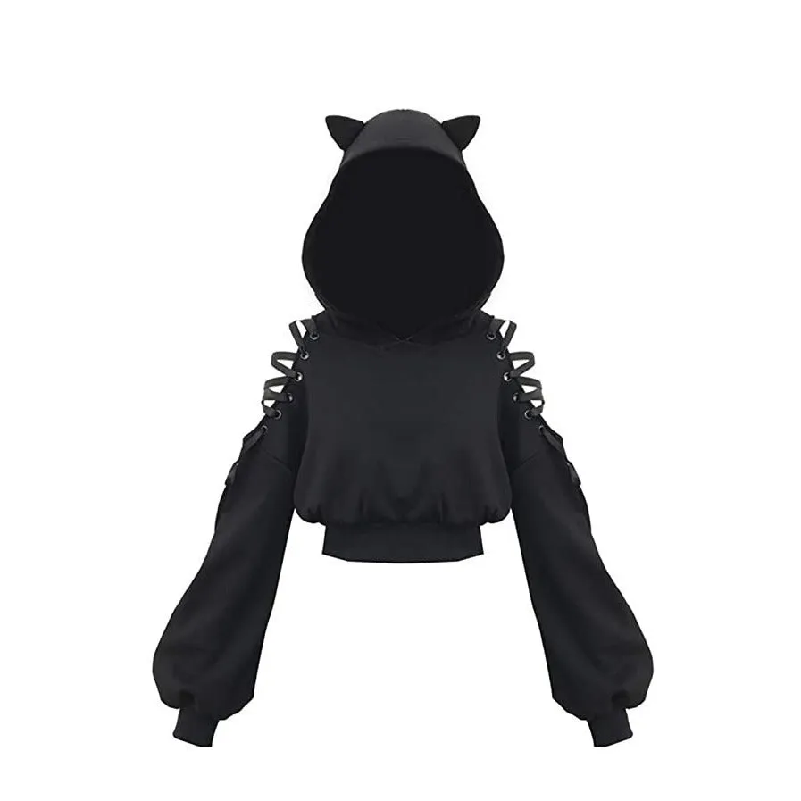 (Size L) Shoulderless Sweater Gothic Sweater Belly Hoodie with Cat Ears - Black
