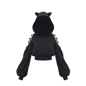 (Size L) Shoulderless Sweater Gothic Sweater Belly Hoodie with Cat Ears - Black