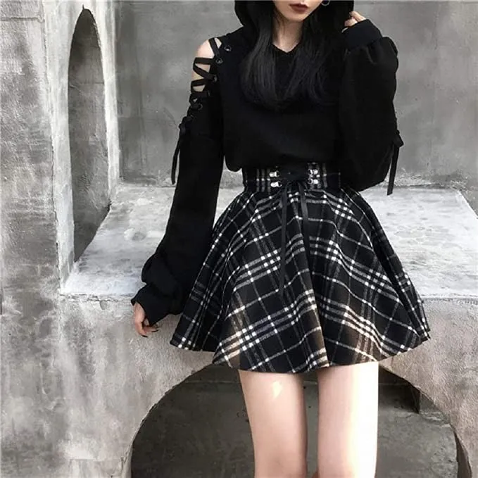 (Size L) Shoulderless Sweater Gothic Sweater Belly Hoodie with Cat Ears - Black
