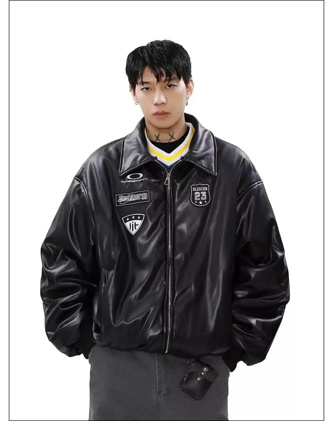 Sleek Pile Collar PU Leather Puffer Jacket