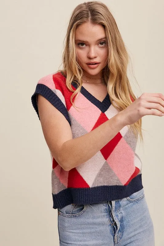 Sleeveless Argyle Cropped Sweater Vest