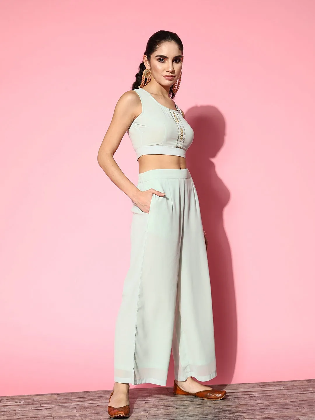 Women Sea Green Georgette Co-Ord Set