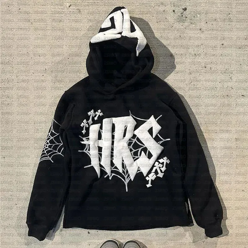 Y2K Hoodie Kpop Retro Street Fashion Hooded Pullover Letter Spider Web Printed Long sleeved Sweatshirt Top Men Women Clothing
